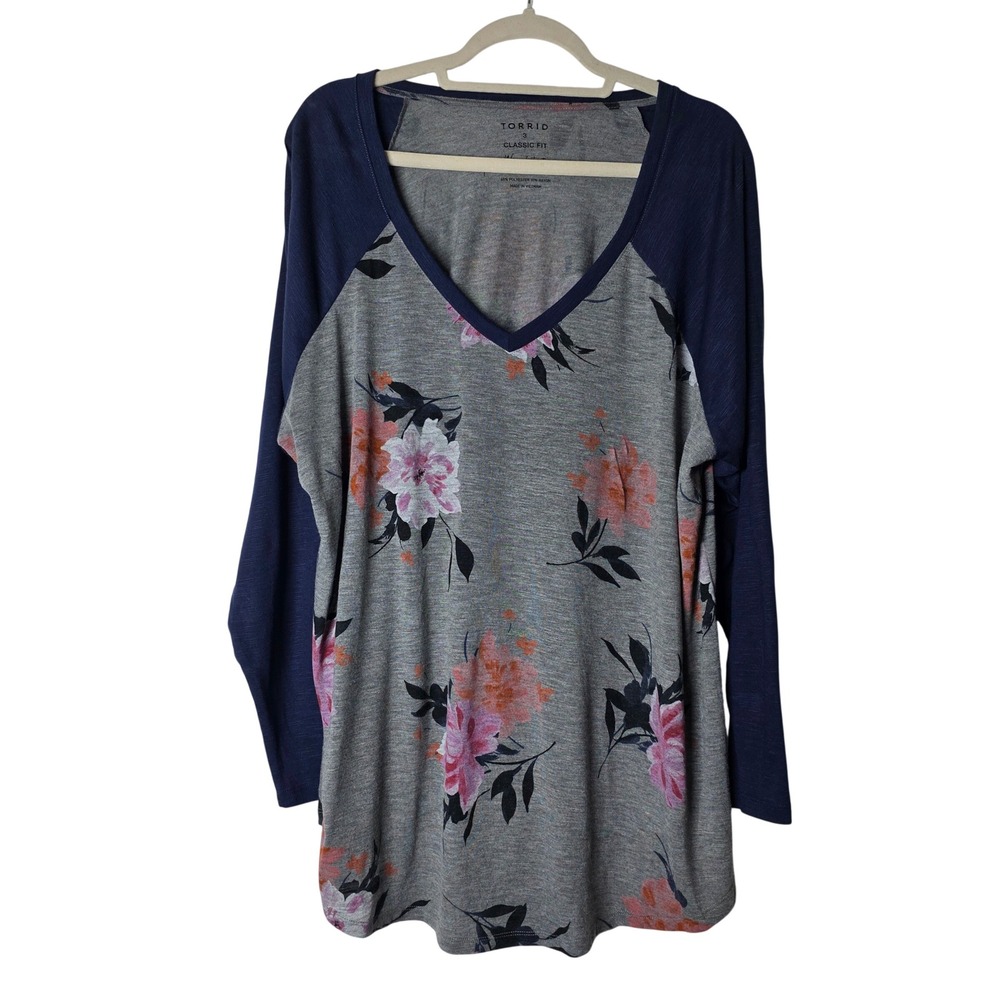 Torrid Floral Raglan Baseball Tee Navy Grey V-Neck Long Sleeve Plus Size 3 3X